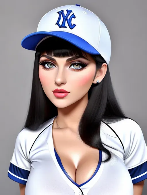 Gorgeous young Albanian woman, photo cute attractive face, large wide doe eyes, light colored eyes, big plump lips, huge gigantic boobs, (gigantic tits), raven-black hair, baseball cap, sexy, thin, slim waist, tight blue and white baseball jersey shirt, photorealistic, best quality, ultra high resolution