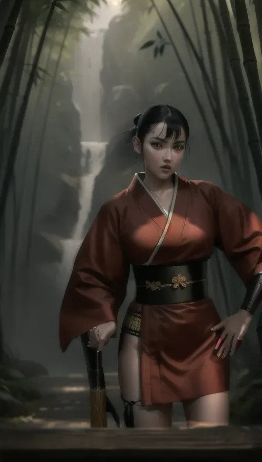 1girl, full body , detailed face, beautiful, attractive, sexy, flawless, shapely, sensual, fatal, lethal, deadly, hurt, bruised, feudal japan, japanese , seductive, surprised, startled, stunned, attacked, ambushed, assaulted, frightened, terrified, alarmed, scared, spooked, panicked, fearful, terrorised, moody lighting, night, short hair, dark hair, black hair, almond shaped eyes, eyes open, eyes wide, eyes wide open, thin lips, solo , masterpiece, ultra high res, professional, photo referenced, 23 years old, young adult, slim, pale skin, kimono, dark red kimono, saliva, saliva dripping, summer, thin clothing, sweat, sweaty skin, shiny skin, purple eyeliner, small breasts, pain, head tilt, bending, bent, 1 character, bags under eyes, foot, feet, foot side, toe, toes, fully clothed, long legs, tall, bamboo forest, cosplay, fishnet, mini skirt, thong, traditional, ninja, kunoichi, tight, kimono, covered chest, covered breasts, long top, small breasts, cotton,