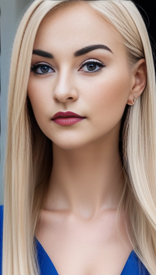 A close up high resolution picture of a beautiful Polish American woman, blonde hair, thin pointed nose, smooth nose bridge, ((natural bags and circles under each eye)), blue eyes, (very thin eyebrows),