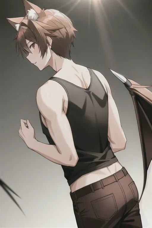 A male with light brown hair and light brown cat ears. Red dragon wings coming from their back