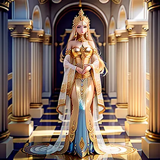 an elegant, sun goddess, sandstone floor and walls, pillars, transparent clothes, golden hair, dark eyeliner, cleaopatra jewelry, medium sized breasts, metallic golden skin, exquisite jewelry, white gold and blue color scheme, scifi golden crown, scared goddess of beauty, pure blue eyes, no retina, no pupil, no iris, glowing aura, radiant feminine goddess, divine atmosphere, dreamlike, standing proudly