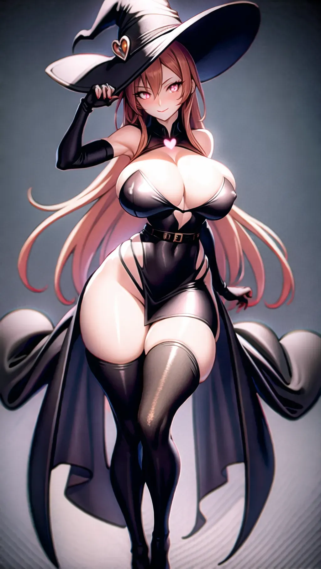 high resolution, HD resolution, full body image, top down camera view,
masterpiece, maximum resolution,
perfect body, elegant clothing,
female focus, A sexy witch with massive boobs,
boobs bulging through bra,
skinny waist, making heart shape with hands,
wide hips, thick thighs, long legs,
long straight orange hair,
blushing,
blushing breasts,
very shy facial expression, nervous smile,
((bright glowing eyes)),
magical glowing eyes,
heart shaped eyes, heart shaped pupils, hearts in eyes,
((wearing tight brown dress)),
low cut dress,
belt buckle,
black witches hat,
elegant arm sleeves,
exposed cleavage,
exposed vagina,
nipples,
exposed under boob,
exposed side boob,
muscular abs,
huge bubble butt,
thick thighs
