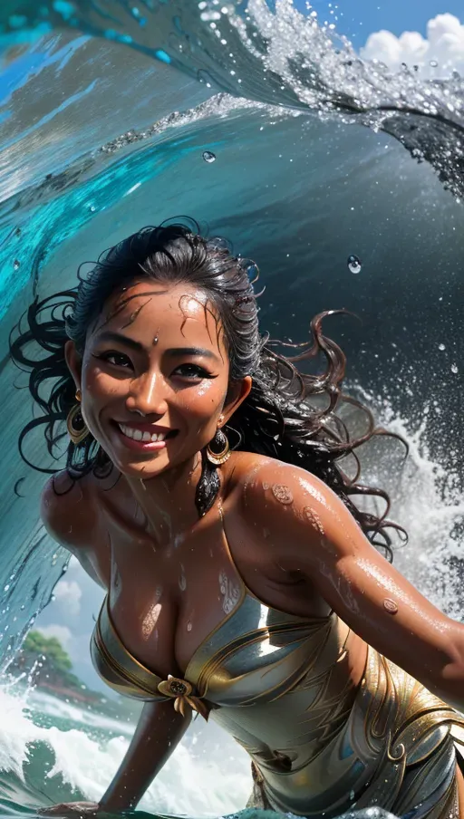8k, masterpiece, ultra realistic photo,natural lighting,(low angle camera shot), balinese girl, extremely detailed face, dark tanned, big smile, wet thin dress, getting wet from a wave, bends down for a mussel