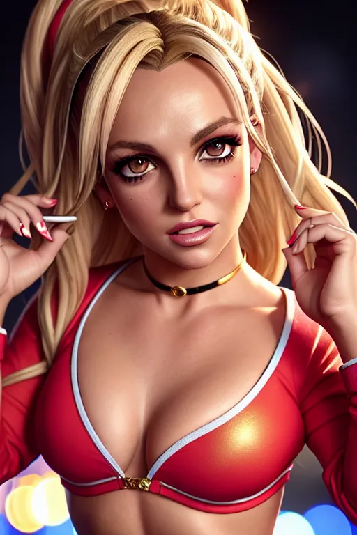 a photo shot of,britney spears,wearing burger clothes,dancing,outdoor,five slender fingers,gorgeous face,beautiful lips,detailed large eyes,curved eyebrows,curved eyelid,smooth skin,wearing golden ring,highly detailed,bokeh,unreal engine,smooth,studio lighting