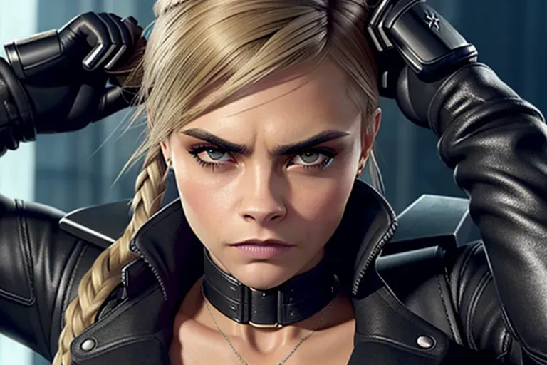 a concept art of,Cara Delevingne, confident, in resident evil, in black tactical pants, black military armor, gun holsters, combat boots, five fingers per hand,blonde hair, ponytail,bangs,strong pose,charming face,beautiful lips, deep eyes,curved eyebrows,textured skin,cgsociety,8k,unreal engine,highly detailed,artstation, deviantart, cinematic, sharp image, centered, medium close up, 8k,studio lighting, head in frame, long neck, entire head in frame,hyper-realistic