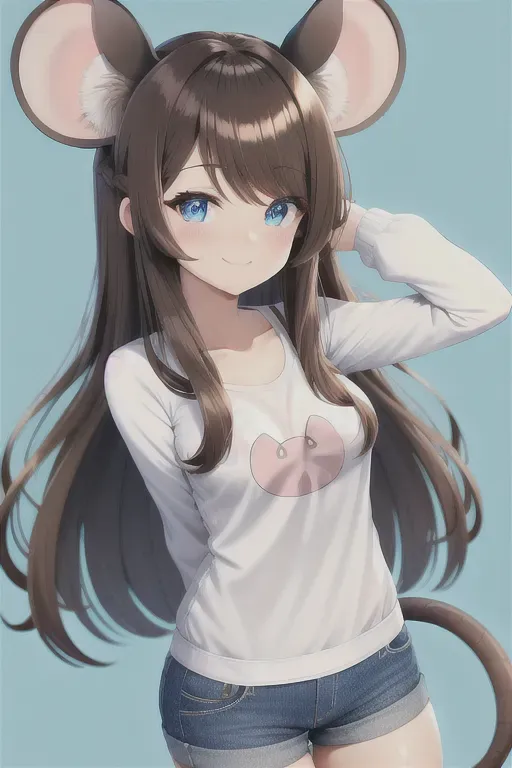 best quality, high details, mouse girl, mouse ears, mouse tail, blue eyes, brown hair, long hair, wavey hair, medium sized chest, perfect figure, cute pose, smile, casual clothes