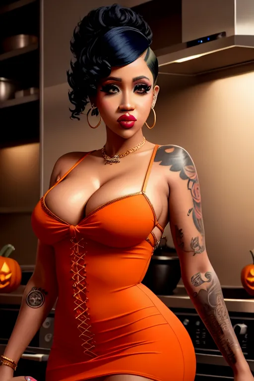 a color pencil draw of,cardi b,wearing halloween clothes,doing sexy pose,in the kitchen,five slender fingers,short thick hair,beautiful face,beautiful lips,curved eyebrows,textured skin,peaceful,tattoo,highly detailed,cinematic lighting,sharp focus,artstation,surreal