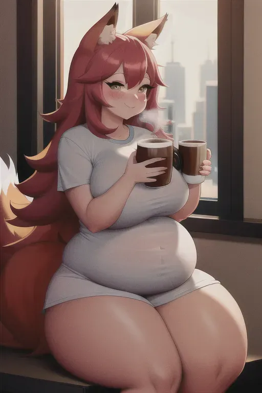2 fat foxgirl, bottomless, t-shirt, pink, looking out a window at a city with a hot cup of coffee,