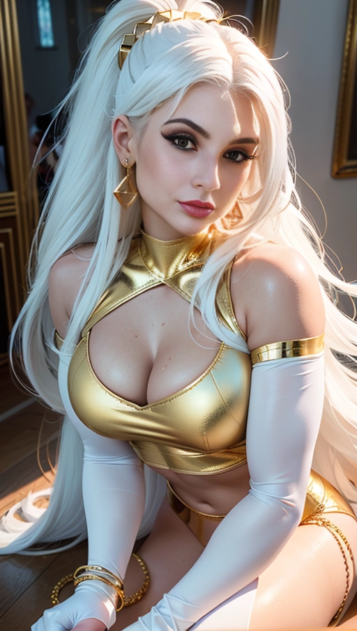best quality, (((ultra high res))), (((detailed face and eyes))), (perfect face), big shining heart choker, earrings, jewelry, ((long voluminous hair)), (((golden gloves))), ((((white hair)))), ((single ponytail)), ((((straight hair)))), (((golden bracelet))), (((huge golden hair cuff))), (((skintight golden crop top))), (lipstick), ((((neckholder)))), (((skintight))), ((old mansion)), (((her very long hair is going down to the floor))), ((((face closeup)))), (Kylie Jenner), ((golden sleeves)), ((face very close))
