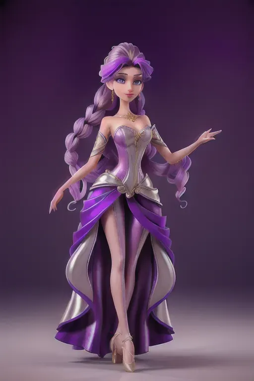 Top hourglass figure, Good Shoulders, Small waist, Big hips, Heart and oval face shape, Angular jaw, Elaborate and flowing hairstyle, long wavy hair cascading down, mix of purple and silver hues, intricate braids and twists adorned with decorative hairpins, hair moves gracefully with her movements emphasizing her elegance, Enchanting and theatrical attire, lavish flowing ballerina-like gown, dominant color palette of deep purples and silvers, incorporates metallic accents and shimmering fabrics, emphasis on fluidity and movement to evoke a dance-like appearance, Mysterious and captivating makeup, dark smoky eyeshadow with a touch of shimmer, long sweeping eyelashes that enhance her gaze, subtle shades of purple and silver on her lips and cheeks, glowing porcelain-like complexion with an air of elegance, pale, slender and graceful physique, a tall and statuesque stature, elegantly elongated limbs and fingers, porcelain-like pale skin, long flowing wavy hair in purple and silver hues, enchanting smoky and expressive eyes, dark smoky eyeshadow with shimmer, long sweeping eyelashes that enhance her gaze, subtle shades of purple and silver makeup on lips and cheeks, intricate braids and twists in her hair adorned with decorative hairpins, lavish and flowing ballerina-like gown in deep purples and silvers, incorporation of metallic accents and shimmering fabrics in her outfit, fluid and graceful movements reminiscent of a dancer, and an overall aura of sophistication and mystique,