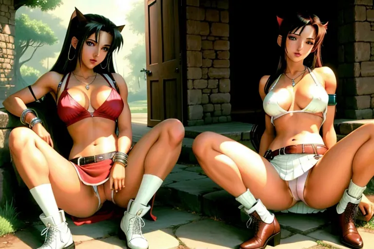 <lora:dpmg_upshirt:1> , aerith and tifa, aerith, aerith gainsborough, tifa, tifa lockhart, lesbian, 2girls tifa and aerith, 2 girls, no underwear, no panties, jewelry, bracelets, ankle bracelets, metal chain around neck, showing gorgeous pussy, gorgeous breasts, dress