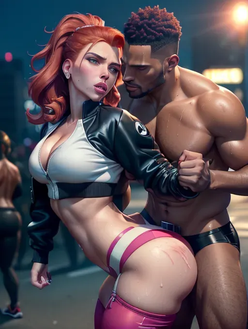a concept art wide shot of, (((MILF scarlett johansson)))(completely accurate face)(((smirking))), (flirtatious mischievous perky exotic)((as a twerk street dancer)), full body, (((at a night Block Party))), ((wearing cropped track jacket)) (((wearing reversed baseball cap)))(((wearing track PANTS)))(((wearing gstring panties)))((wearing sneakers))(Cleavage),(((long SLEEK HIGH PONYTAIL CENTERED ON TOP hairstyle)))(((redhead)))(sleek)((widows peak)))(athletic physique), (((sweaty)))(((twerking))),(((small breasts))),five slender fingers,beautiful face,beautiful lips,detailed large eyes,curved eyebrows,cgsociety,natural lighting,studio lighting,professional,editorial,(((being molested groped fondled kissed by AFRICAN MEN)))