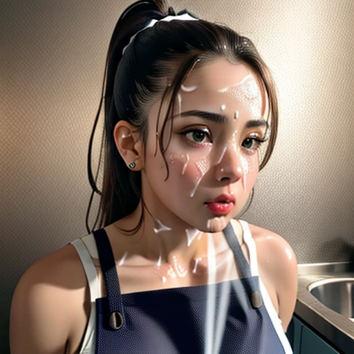 A 8k resolution photo shot of, brunette with high ponytail,dpmg_face_cum_v1, <lora:bukkake:1>,kneeling, facial cumshot, surprised look, mouth open, shocked look on her face((wearing a kitchen apron outfit with her breasts sticking out of the top)),((revealing two boobs out)),((perfectly nipples placement)),((detailed hair features)),((detailed facial features)),((detailed body features)),((detailed arms features)),(textured skin),((beautiful lips)),((highly detailed)),((8k resolution photo shot)),((detailed kitchen background)),