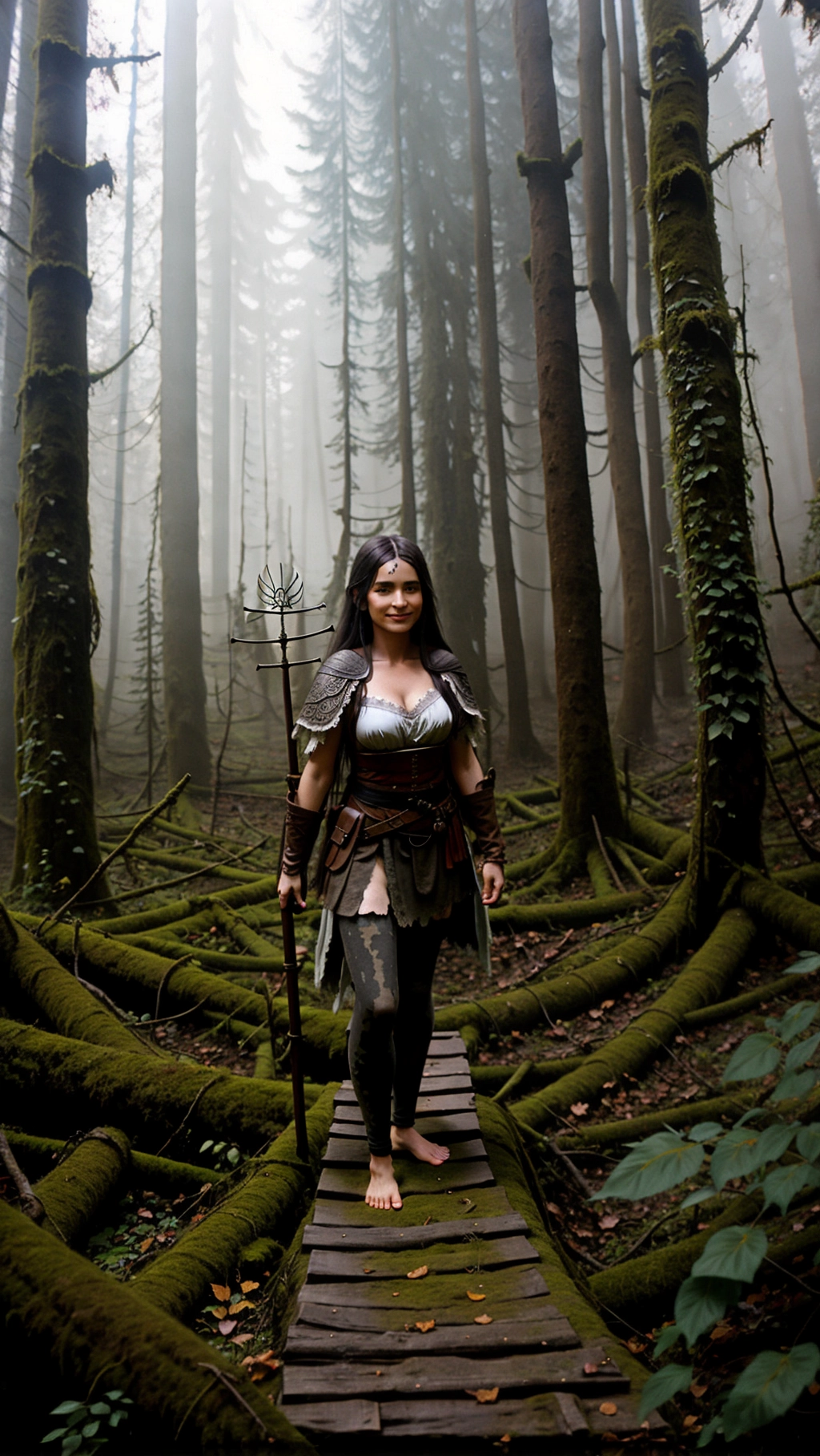 full-body image of a fit tan thin beautiful barefoot German adventurer woman with long hair wearing medieval adventurer attire while exploring a decaying forest, (beautiful petite feminine feet: 1.2), (barefoot: 1.3), (wearing warm black medieval adventurer attire: 1.2), (long dark hair: 1.2), (German woman: 1.3), (dark rotting decaying forest: 1.4), (black toenails: 1.2), (gloves: 1.2), (tights: 1.2), (magic markings on feet: 1.3), (smug smirk: 1.2),