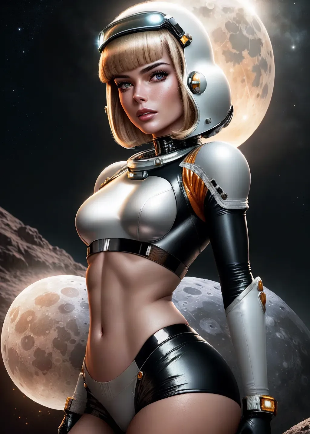 Dopamine Girl - realistic HD photograph, (((rebecca romijn)))((((accurate  face)))),(((as Barbarella))),(((on the moon))),(((wearing vintage  Barbarella spacesuit)))(((exposed midriff))),(((very short straight sleek  haircut)))(((blunt bangs))), ((very ...