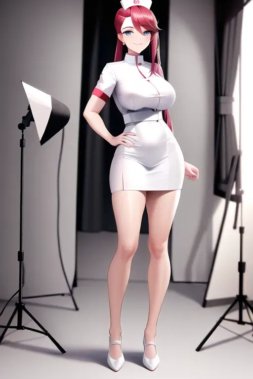 wide shot, 20 year old, a nurse, fit, nurse clothes, white, photo studio, daytime, studio light, happy, 8k, professional