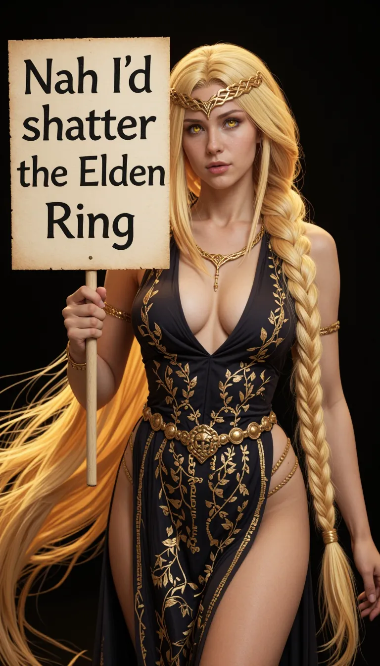ultra realistic photo of QMarika holding a sign that says "Nah I'd shatter the Elden Ring", her revealing dark dress adorned with golden patterns, long flowing blonde braided hair, and golden eyes,