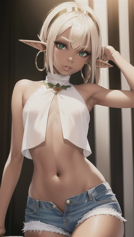 masterwork, ultra realistic ((very short cute elf:1.3)), youthful, (((slender body))),((flat chested)), ((wearing white open blouse and short denims:1.2)), green eyes, (very tinywaist:1.3), ((dark skin)), short blonde hair, ((very full lips:1.4)), detailed face, uhd, 8k, ((at a nightclub)), (seductive pose:1.2), ((large hoop earrings:1.3))