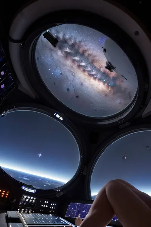 Closeup Photograph of the back of a svelte gorgeous woman, pov closeup of her pussy and ass, leaning forward away from viewer , looking out at deep space through a large porthole, nude, side view of small natural breasts, ((displaying pussy from behind)), sexually aroused, sexually excited, ((legs spread)), (((deep space scene from a command console on a spaceship with the Milky Way in the background)))