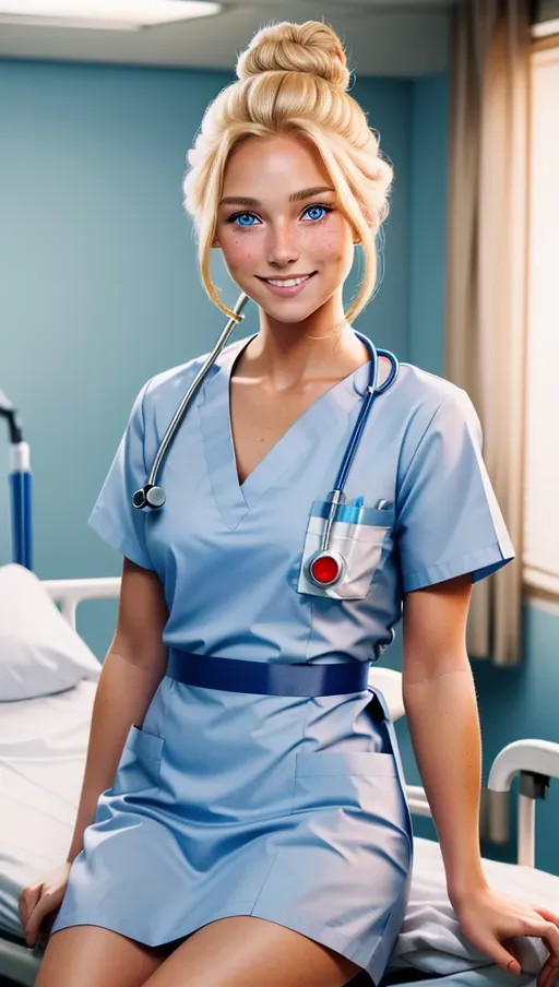 High resolution realistic photography of a beautiful girl, beautiful face, realistic skin, realistic hair, light freckles,
natural skin, natural hair, blonde bun, tanned skin, blue eyes,
in a hospital, small breasts, long legs, wearing a nurse outfit, smiling