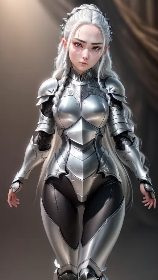 fantasy armor, metal armor, Stern pose, Highly detailed face, Athletic, Beautiful, , long braided white hair, long white hair, determined face, cute, thick thighs, thigh gap, silver eyes, small perky breasts, ((perfect fingers)), HD wallpaper, perfect teeth, anatomically correct, five fingers per hand, HD resolution, HD wallpaper, professional, realistic, photorealistic, highly detailed, detailed face, professional photograph, Ray tracing, realistic skin texture, (photorealistic), (masterpiece), (best quality), black pants, Full body view, masterpiece, absurdres, ((((solo focus)))), 8k, perfect edges, ultra realistic, perfect anatomy, low light, perfect face, fine details, realistic shaded,
<lora:dpmg_add_detail:1>