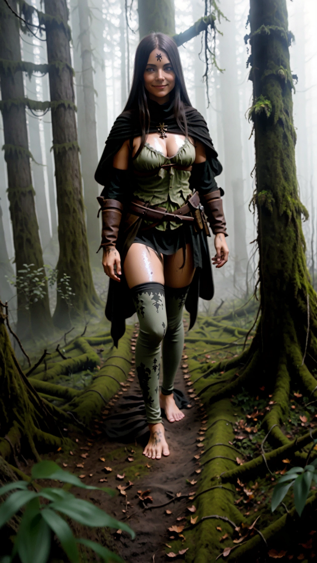 full-body image of a fit tan thin beautiful barefoot German adventurer woman with long hair wearing medieval adventurer attire while exploring a decaying forest, (beautiful petite feminine feet: 1.2), (barefoot: 1.3), (wearing warm black medieval adventurer attire: 1.2), (long dark hair: 1.2), (German woman: 1.3), (cursed foggy dark rotting decaying forest: 1.4), (black toenails: 1.2), (gloves: 1.2), (tights: 1.2), (magic glowing markings on feet: 1.3), (smug smirk: 1.2),