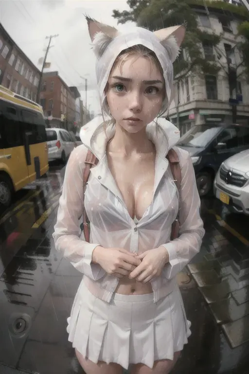 A cat young lady, furry, anthropomorphic, in the rain, wet clothes, frowning, wet, embarrassed, accidental, topless, white bra school uniform, cute, adorable, calm look, adult, (fish eye lens)