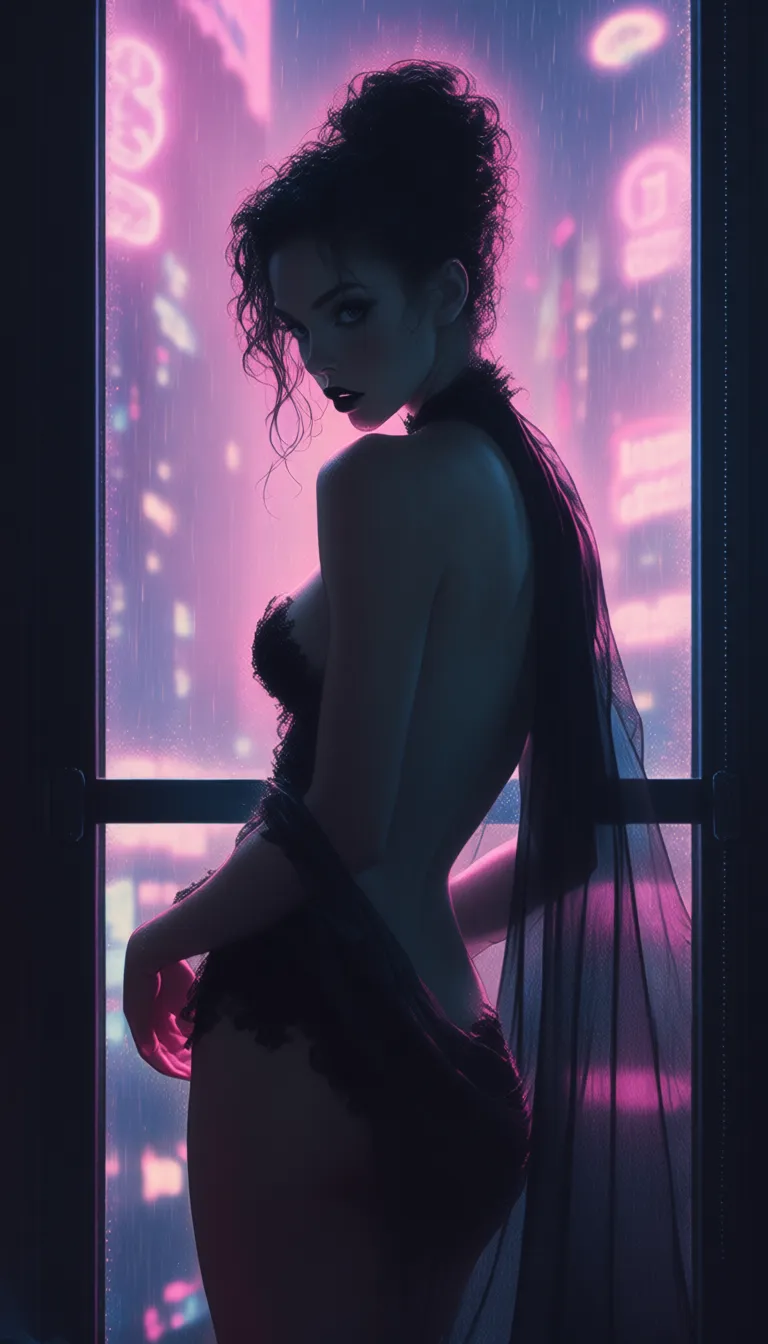 ArsMJStyle, Colored pencil hyperdetailed realism, A woman stands before a floor-to-ceiling window overlooking a rain-slicked cityscape at night, backlit by neon signs casting pink and blue hues across her silhouette. She wears only a sheer black veil draped over her shoulders, held loosely by one hand, leaving her torso exposed except for strategically placed lace appliqués that trace the curve of her breasts and waist. Her hair is piled high in a messy updo, tendrils falling around her face as she looks over her shoulder at the viewer, lips painted matte black, eyes lined heavily. Rain streaks the glass behind her, blurring the lights into dreamlike halos. Skin texture reveals goosebumps from cold air, fabric transparency allows subtle body contours to show through, reflections blend reality and illusion. Mood: mysterious, bold, cinematic.