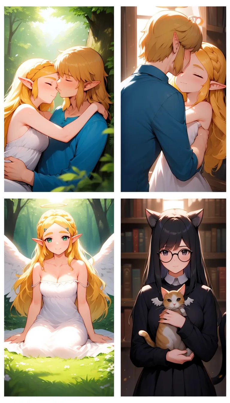 A single canvas divided into four corners, each telling a different story: top-left corner shows a soft romantic moment, a girl and a boy resembling Princess Zelda and her partner, gently embracing and kissing with eyes closed, surrounded by nature and warm sunlight top-right corner focuses on a quiet portrait of a girl, close-up face, looking directly at the viewer with a calm and subtle expression bottom-left corner depicts a serene angelic girl with flowing blonde wavy hair, halo and wings, sitting peacefully in a forest, wearing a white dress, smiling softly as light filters through the trees bottom-right corner presents a mysterious catgirl with long black hair and round glasses, holding a cat in her arms, standing inside a dimly lit library, surrounded by shadows and a cozy atmosphere masterpiece, best quality, highly detailed, consistent lighting, clean composition