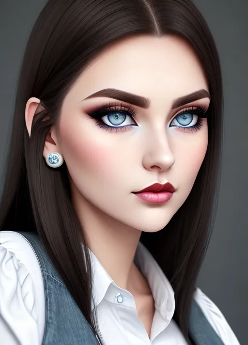 Gorgeous eastern European woman, simple grunge makeup, pale grey-blue colored eyes, big wide doe eyes, black hair, big lips, thin slender body, button-down white blouse, kissy pursing her lips, photorealistic, best quality, ultra high resolution