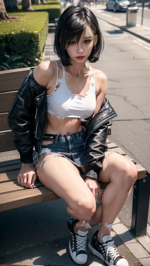 (Hypnotized), female, slim lean build, small waist, full hips, drugged beauty, 18 yo, (medium perky breasts:1.6), pale skin, erotic facial features, curved eyelids, Real looking face, ( jet black bob side bang hair, messy hair), highly detailed face, blank expression, looking at viewer,
afternoon, sitting on bench at side of alley, ((( wearing emo leather jacket, torn white cropped top, ripped jeans mini skirt, trainers shoes))), low light, (best quality), <lora:dpmg_add_detail:0.5>, beautiful,(high resolution), (((masterpiece))), (uhd), (8k)