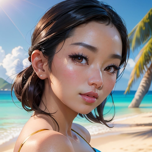 face portrait of a young woman (Yunjin Kim:1.2), (accurate and detailed face:1.1), extremely detailed face, white crop top, cleavage, looking sexy,
(Artgerm Art Style), Artstation, beautiful, masterpiece, best quality, perfect lighting,
sunny beach with palm trees, bokeh
cinematic composition, beautiful lips, perfect lips, perfect eyes, vivid colors, highest quality, highest resolution, (photorealist:1.2), (photorealism:1.2), (masterpiece:1.4)