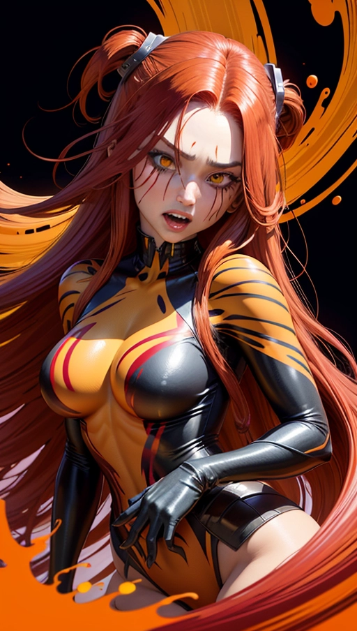 red and yellow symbiote, ((hair-raising symbiote)), ((red and yellow symbiote goo)), (((burgundy red long hair with yellow strands))), ((red and yellow symbiote suit)), (yellow strands), (((((symbiote goo face))))), (((((symbiote goo hair)))