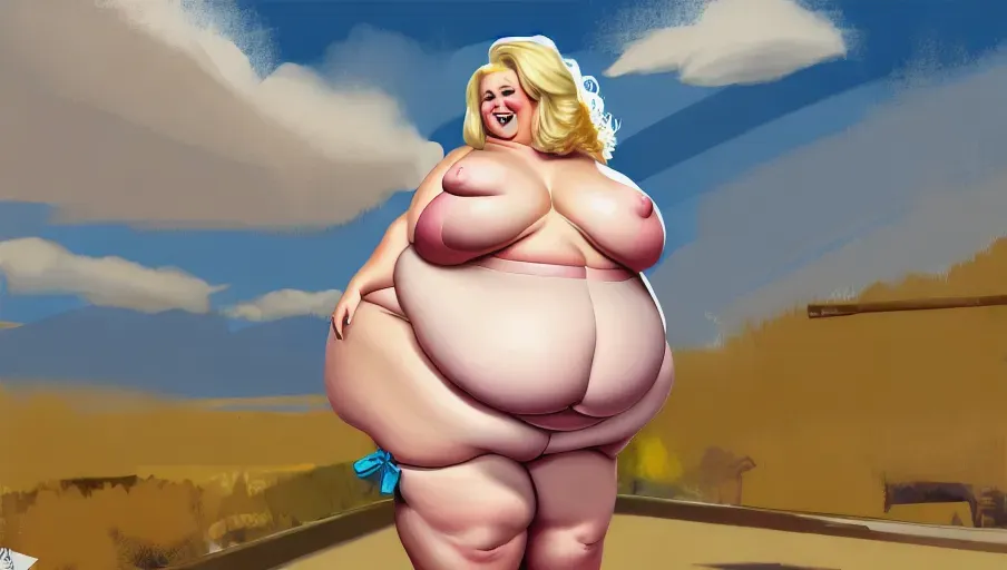 a digital painting of a happy ussbbw fat blonde woman