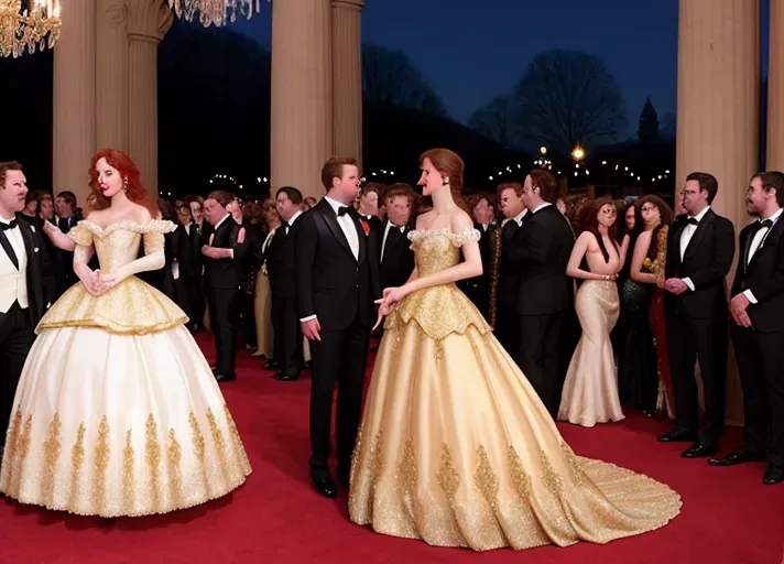 amidst the revelry of a grand late eighteen hundreds French masquerade ball, where everyone is wearing ornate masks, a clumsy servant trips spilling red wine on beautiful, auburn haired, round wide blue eyes sexy Queen Anna of Arendelle wearing a satin, pearl and gold mask, and a pristine brilliant white heirloom ball gown. An opportunistic Marquies De Sade looking on. photorealistic. High resolution