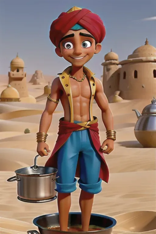 A digital picture of a tanned, arab teen boy, wearing a turban, and an aladdin costume, showing chest and barefoot, cooking stew in a metal pot in the desert while sporting an evil grin