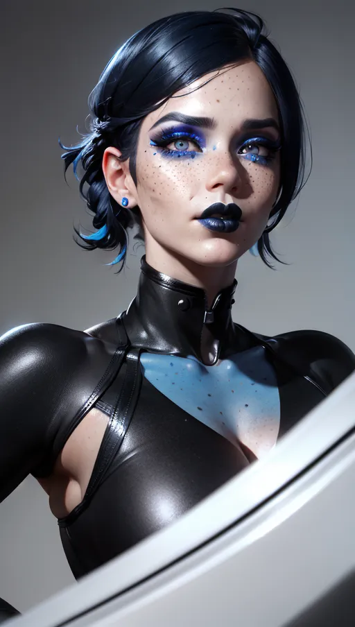 photorealistic, 8k, accurate face, detailed face, (((replicate inspiration face))), freckles, (black lipstick), blue hair, dynamic pose,