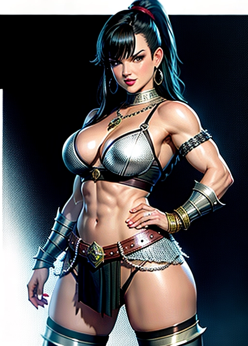 Pauley Perrette as a Dungeons and Dragons muscular aggressive orc barbarian, dressed in skimpy chainmail armor, full color character sketch, whole body against plain white background