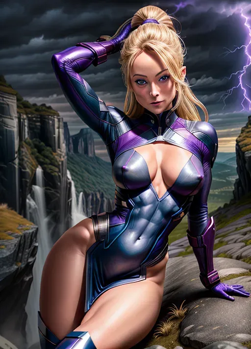 Superhero, long blonde hair in ponytail, (Olivia Wilde:1.2), small nose, high cheekbones, detailed beautiful eyes, full lips, medium breasts, cleavage, erect nipples visible through clothes, purple and blue one uniform with short sexy skirt, uniform straining against breasts showing hard nipples, exposed arms, short sexy gloves, toned body, abs, narrow waist, knee high boots, flexible and sexy pose, (NSFW:1.1),
rocky ground, steep cliff in the bacground, purple lightning in the sky,
an ultra realistic photograph, <lora:dpmg_add_detail:1.2>, artificial light, highest quality, highest resolution, (photorealism:1.0), (masterpiece:1.2),
high definition, 8k quality, cinematic composition, cinematic lighting, great shading, awesome detail.