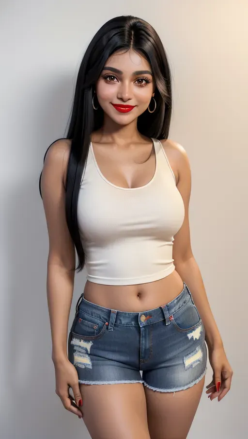 8k High resolution photoreal colored photography of a beautiful Latina woman, smiling,
straight hair, black straight hair,
Natural skin, natural hair, dark brown eyes, big eyes, beauty marks,
High Definition skin, high definition hair, red lipstick,
Wearing a white tanktop, wearing low cut jeans shorts,
