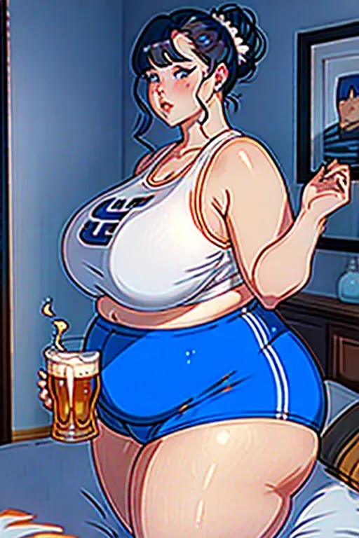 a photo shot of, an ssbbw girl, beer belly, mom bod, huge mom bod, fat mom bod, bloated, fat gut, huge gut, stuffed gut, swollen gut, huge stomach, giant beer belly, blushing, stuffed belly, chubby cheeks, thick neck, fattest girl, huge breasts, large belly, huge belly, fat belly, fat rolls, giant belly, double chin, chubby, huge thighs, fat thighs, giant thighs, massive thighs, thicc thighs, muffintop, huge muffintop, fat muffintop, spare tire, thicc, five fingers per hand, messy hair, white hair, curly hair, messy bun hairstyle, wide hips, weight gain, feederism, freckles, blue eyes, pale skin, mean face, smooth, pixiv, highly detailed, surreal, sharp focus, full body, fat arms, huge arms, extra large hips, extra large waist, orange shorts, white tanktop, in bedroom, on bed, laying down, hooters uniform