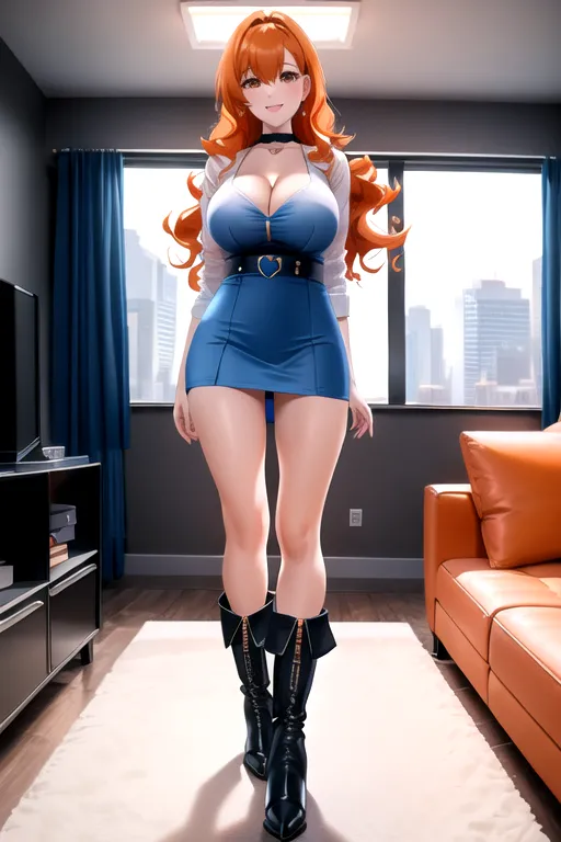 miniskirt, blue minidress, orange hair, choker, brown eyes, pale skin, giant breasts, boots, cleavage, high heels, looking at viewer, walking across room, living room, 1girl, smiling, wavy hair, 8K, Full body photo, slim body