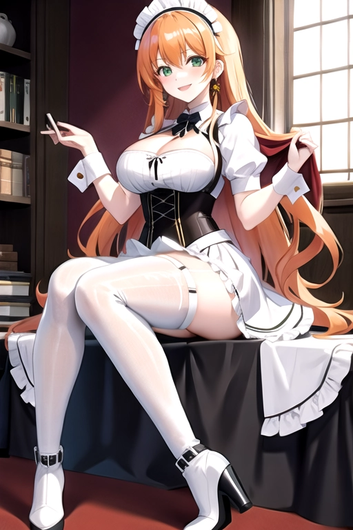 long hair, pale skin, orange hair, green eyes, black choker, giant H-cup breasts, wavy hair, white maid uniform, smiling, full body photo, 28 years old, miniskirt, cleavage, high heels, corset, 8k quality, boots, in living room