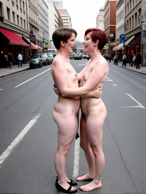 two naked middle aged ladies are getting sexual with each other in public on a busy street corner