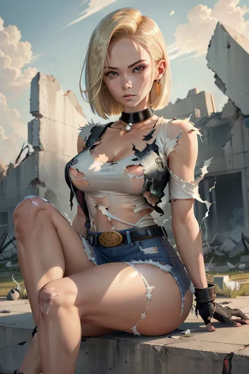 best quality, highres, and18, 1girl, android 18, solo, blonde hair, blue eyes, belt, jeans, pearl_necklace, bracelet, black gloves, white shirt, short hair, short sleeves, earrings, blue pants, open vest, black vest, large breasts, <lora:dpmg_android_18:0.5>, (ruins:1.3), (torn clothes:1.5), sitting, expressionless, crossed legs,