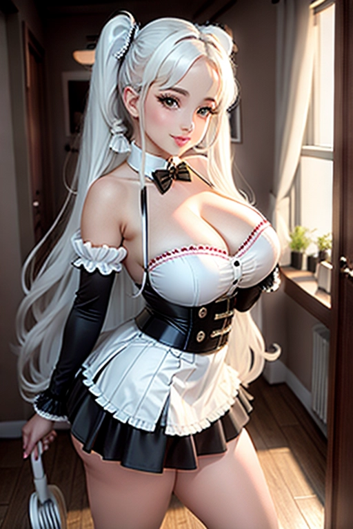 8k quality, brown eyes, pale white skin, white hair, giant breasts, cleavage, looking at viewer, pov, long hair, wavy hair, standing in bedroom, maid uniform, roller skates, miniskirt, pigtails, full body photo, smiling