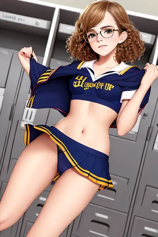 emma watson, curly hair, glasses, cheerleader, hogwarts, sexy pose, standing locker room, pubic hair, changing bra and panties