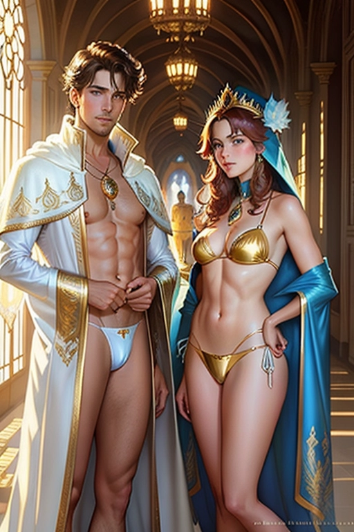 Beautiful boy and girl, Colour painting of young Prince Christian and Princess Isabella of Denmark (((accurate faces))), wearing white cloaks and elaborate blue and gold (((speedos))) and (((bikini))), in the palace, intricate motifs, organic tracery, perfect composition, warm dreamy tones, digital painting, artstation, concept art, smooth, sharp focus, illustration, Carne Griffiths, pixar, Michael Garmash, Frank Frazetta, Victo ngai, Jean Baptiste Monge, shiny aura,