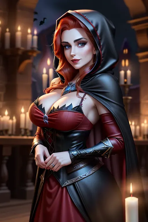 Anna of Arendelle, Masquerade ball, Halloween, wide eyes,goth,mature bearded male devil in red embracing her from behind,red hooded long cape, red attire,European,mature,smaller modest breasts,five fingers per hand,menacing face, beautiful lips,wicked smile,curved eyebrows,ultra realistic,pixiv,unreal engine,bokeh, auburn hair,carrying a black candle, seducing Elsa of Arendelle