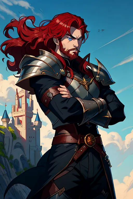 Disney animation, High fantasy, a strong, warrior human, stripping for his princess, wavy red hair, pale skin, angry eyebrows, handsome blue eyes, small nose, strong cheeks, full beard, strong chin, animal skin coat, black leather armor, huge two-handed greatsword, going into battle, battle field, war in the background, castle and dragon in the far background, high definition, 4k quality, excellent lighting, great shading, pristine detail, very clear picture, vibrant colors, accurate at lower promp guidence, ultra realistic, five fingers per hand.